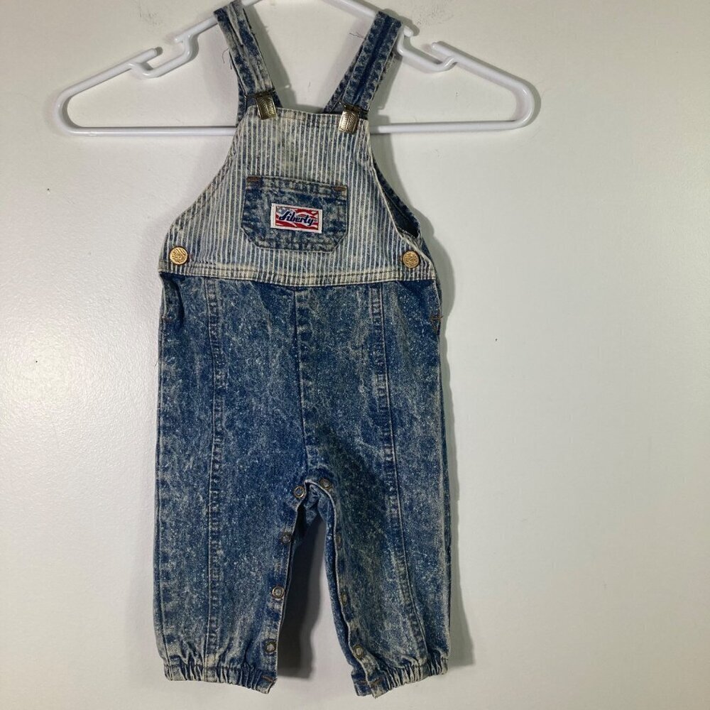 Vintage Toddler Liberty Bib Overalls‎ Acid Wash Train Conductor Blue White 18mos